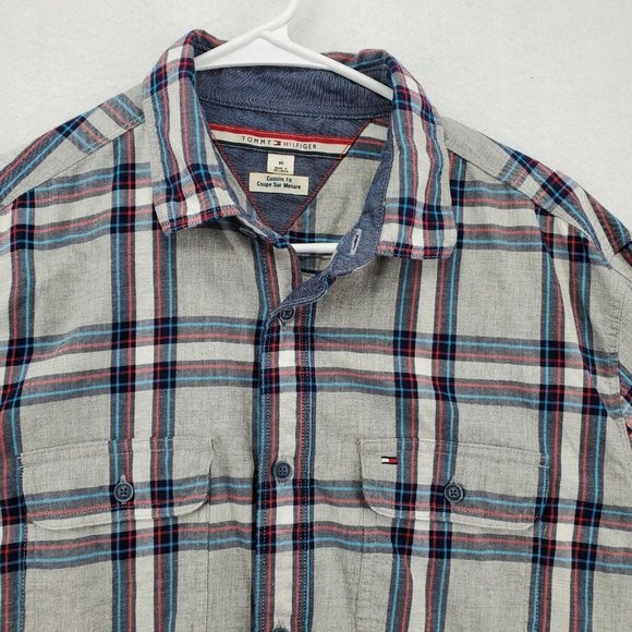 Tommy Hilfiger Shirt Men's Long Sleeve Casual Button Up Plaid Gray Medium - Picture 8 of 12